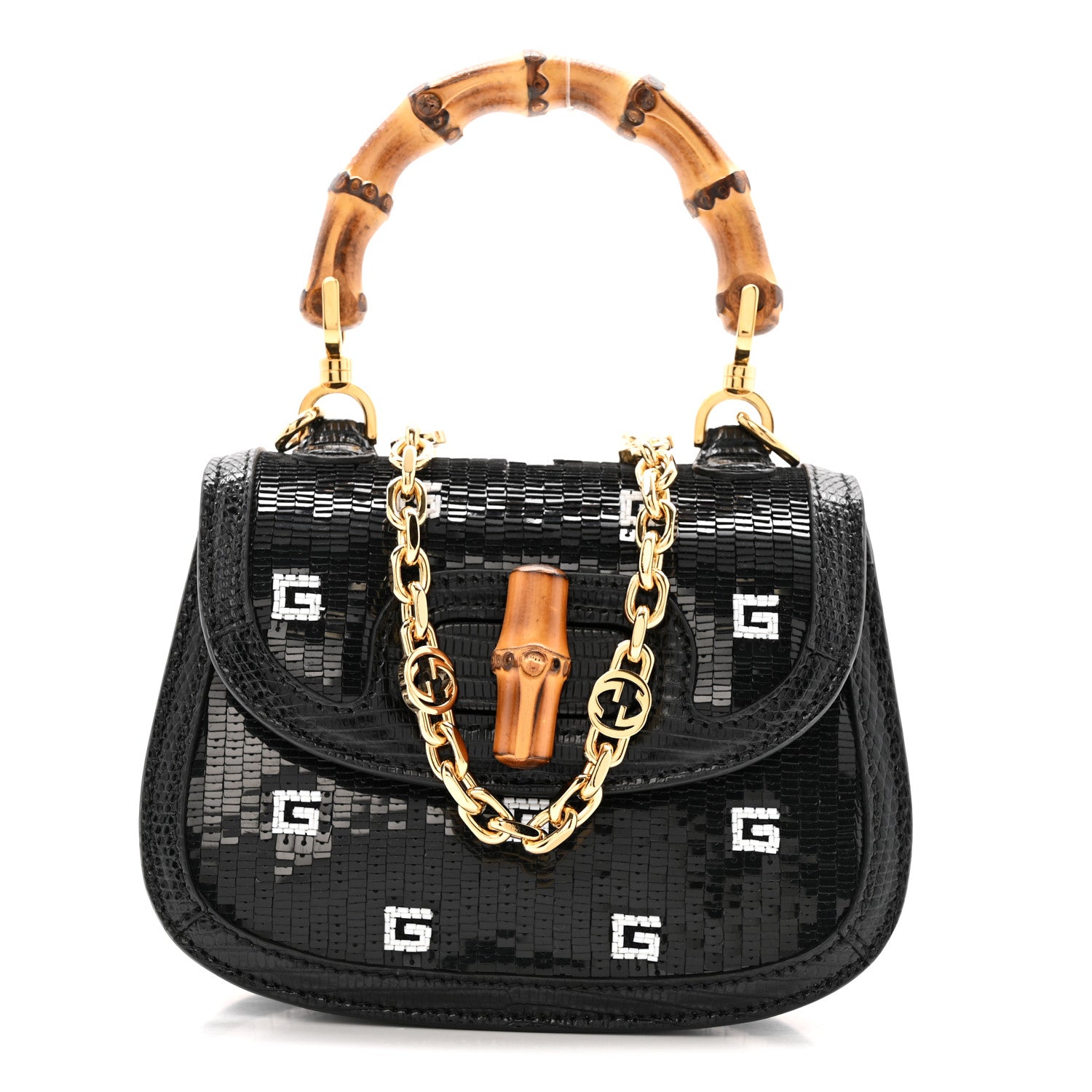 Gucci Sequin Lizard Embossed GG Mini Bamboo 1947 Top Handle Chain Bag Black White 1 of 12