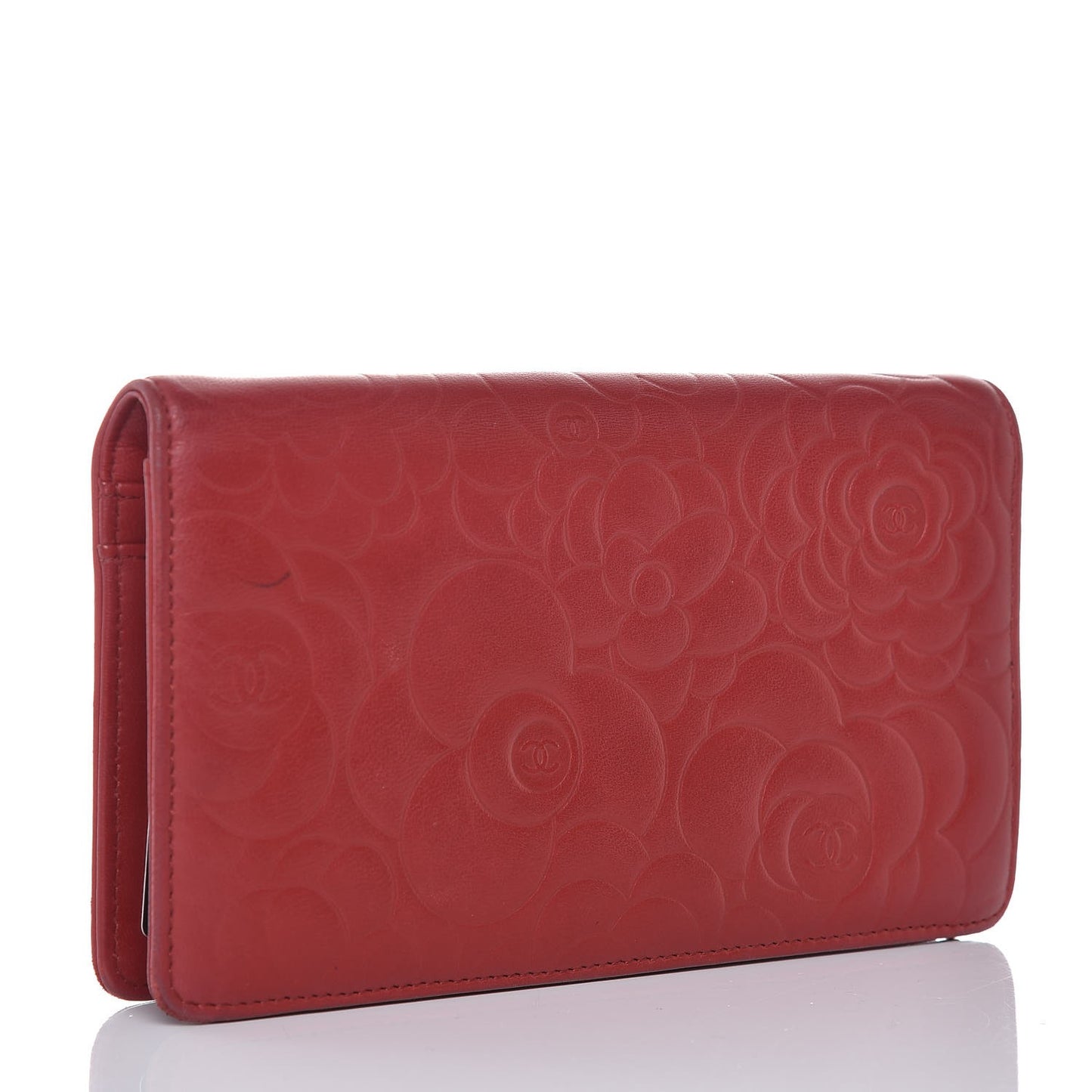Lambskin Camellia Embossed Yen Wallet Dark Red