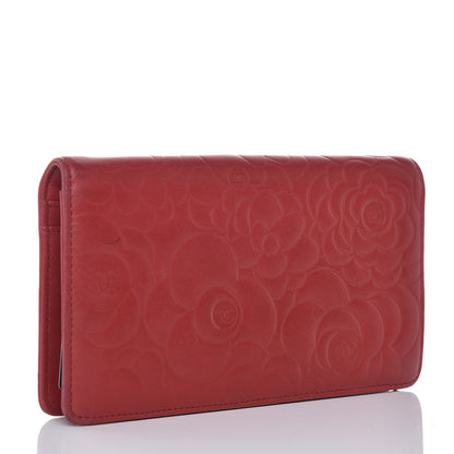 Chanel Lambskin Camellia Embossed Yen Wallet Dark Red 3 of 8