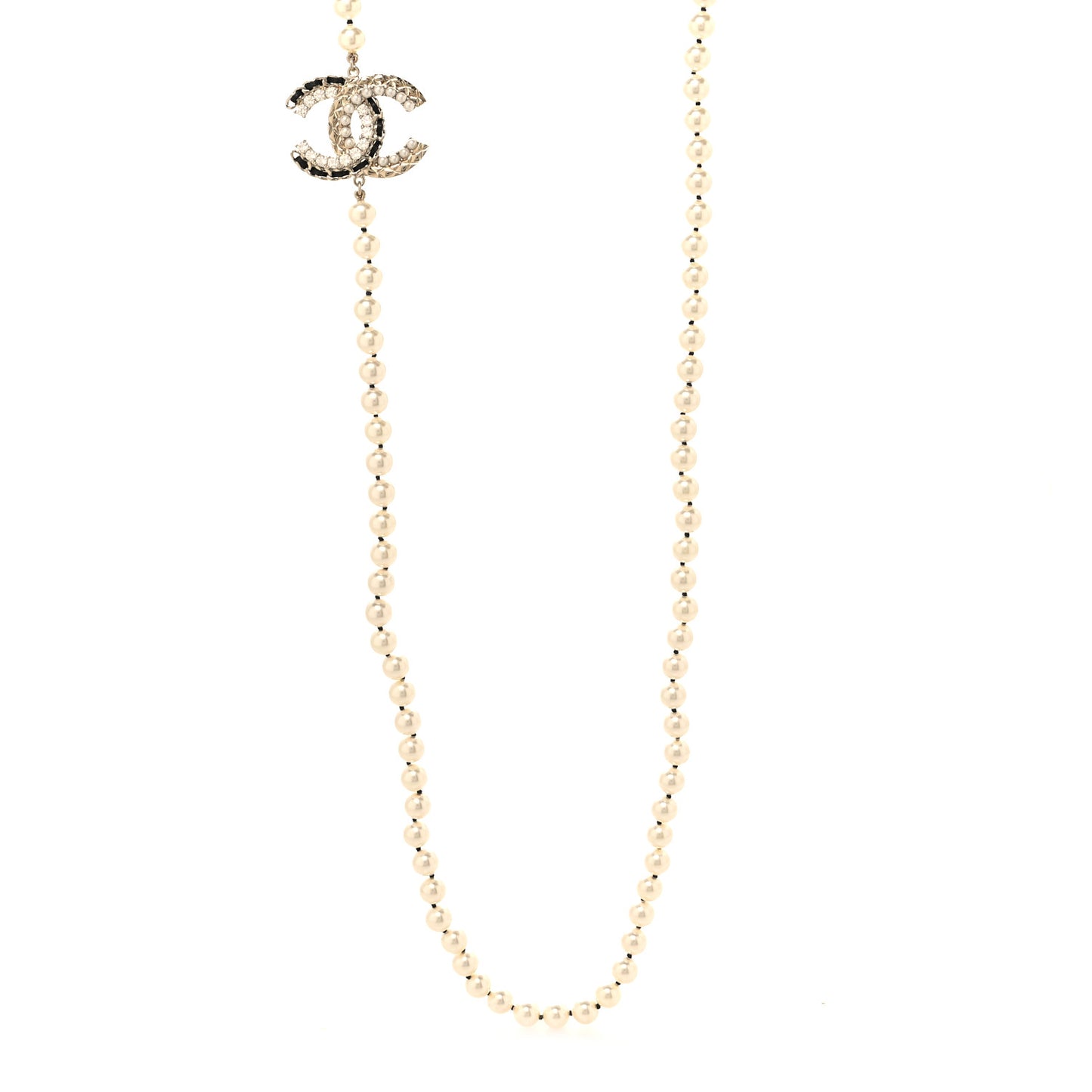 Pearl Crystal Lambskin CC Long Necklace Gold Black