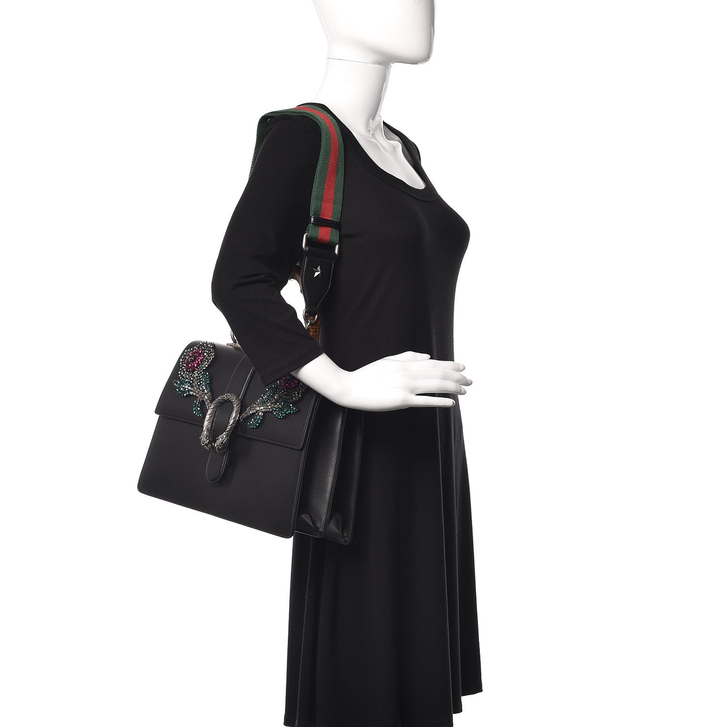 Moon Calfskin Web Crystal Flowers Large Dionysus Bamboo Top Handle Bag Black Multicolor
