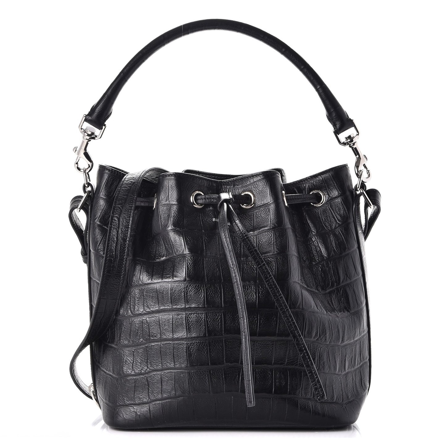 Calfskin Crocodile Embossed Medium Emmanuelle Bucket Bag Black