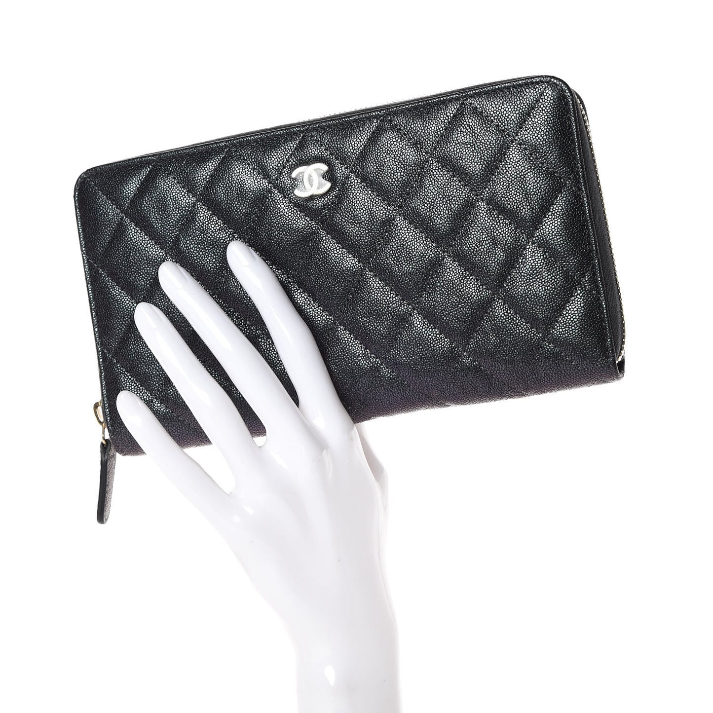 Iridescent Caviar Quilted Large Zip Around Organizer Wallet Black