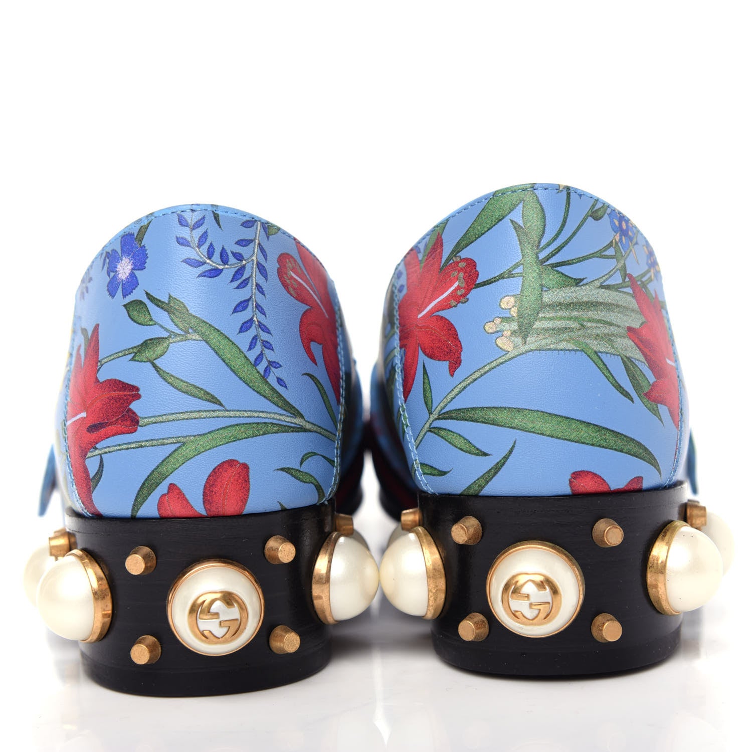 Gucci Apollo Calfskin Web Pearl New Flora Peyton 35mm Loafer Pumps 37.5 Azure 7 of 11