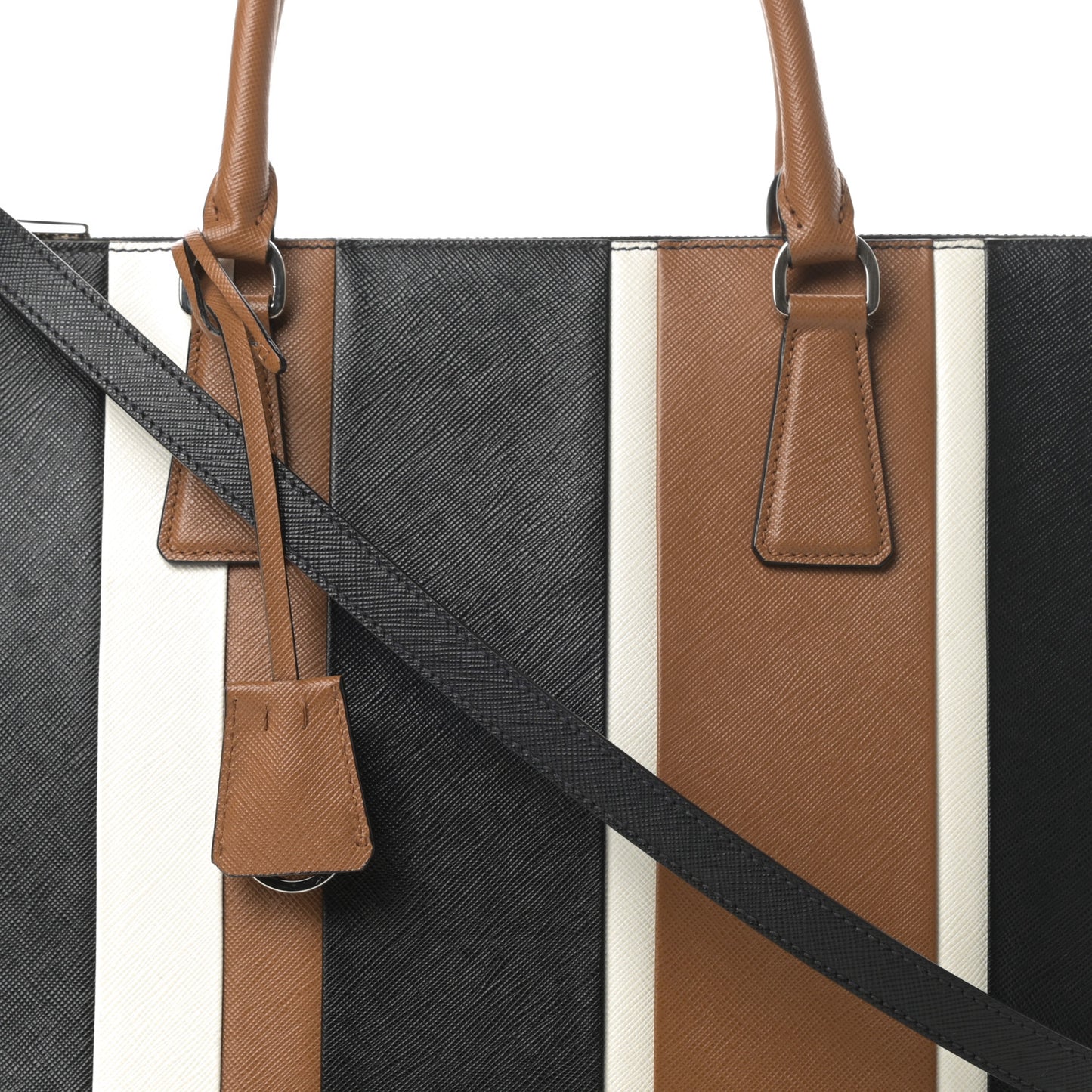 Saffiano Baiadera Striped Medium Galleria Double Zip Tote Caramel Black White
