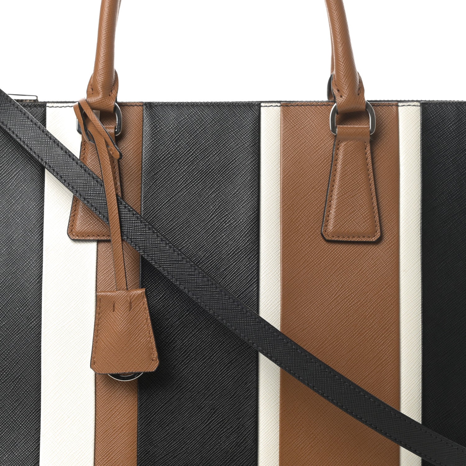 Prada Saffiano Baiadera Striped Medium Galleria Double Zip Tote Caramel Black White 10 of 13