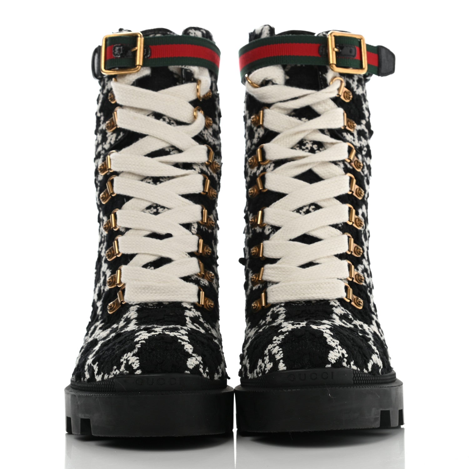 Gucci Tweed GG Monogram Lace Up Combat Ankle Boots 39.5 Black 2 of 10