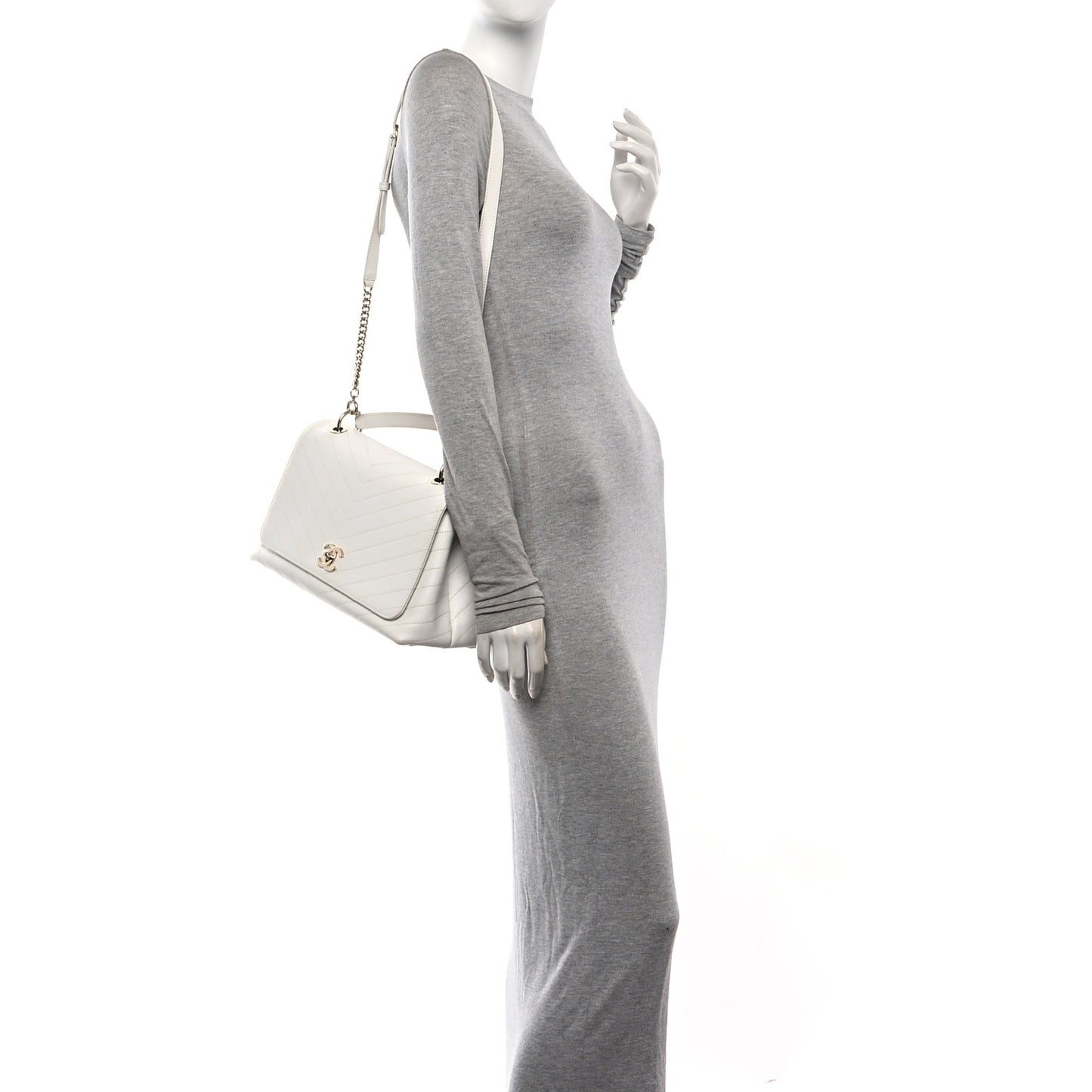 Grained Calfskin Stitched Medium Chevron Chic Top Handle Flap White