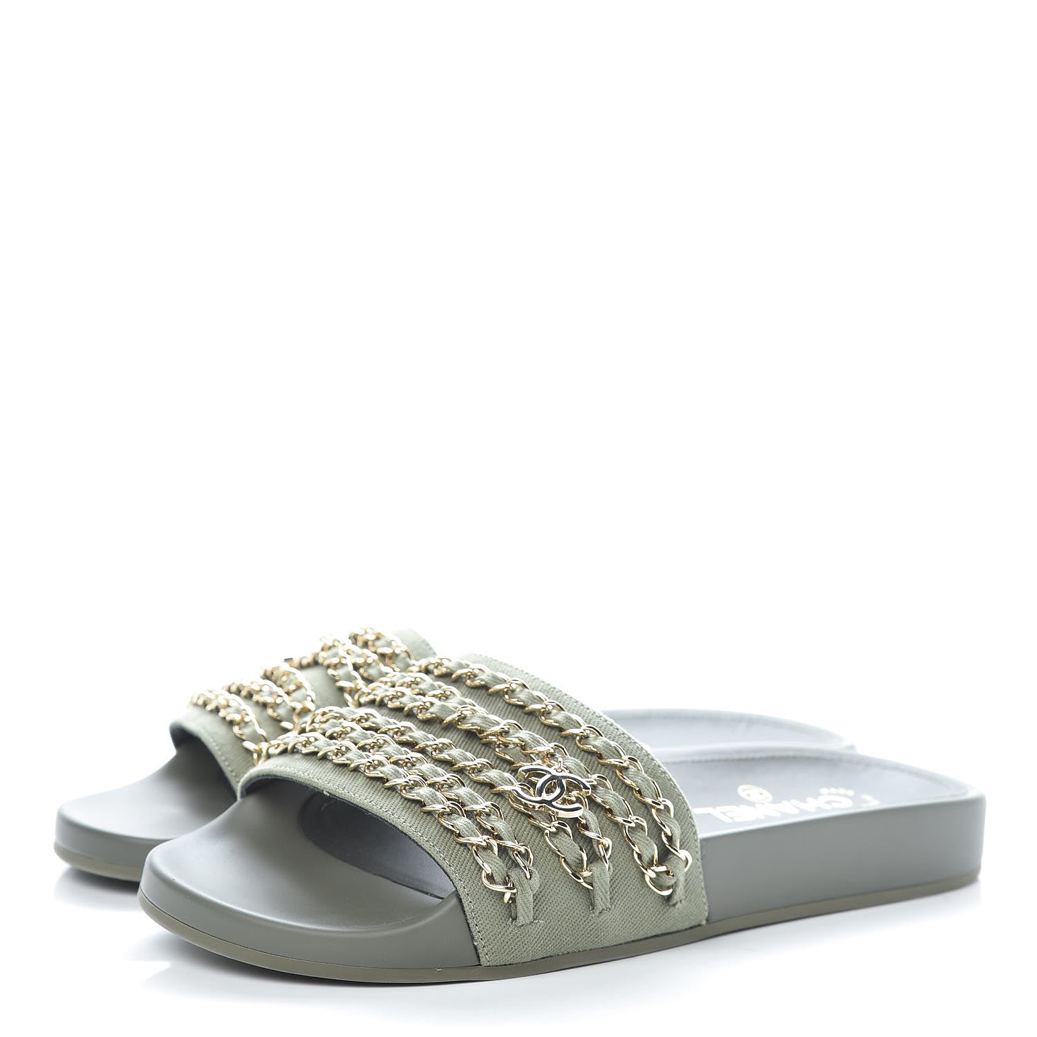 Chanel Canvas Chain Flat Sandals 39 Khaki 3 of 9
