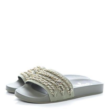 Chanel Canvas Chain Flat Sandals 39 Khaki 3 of 9
