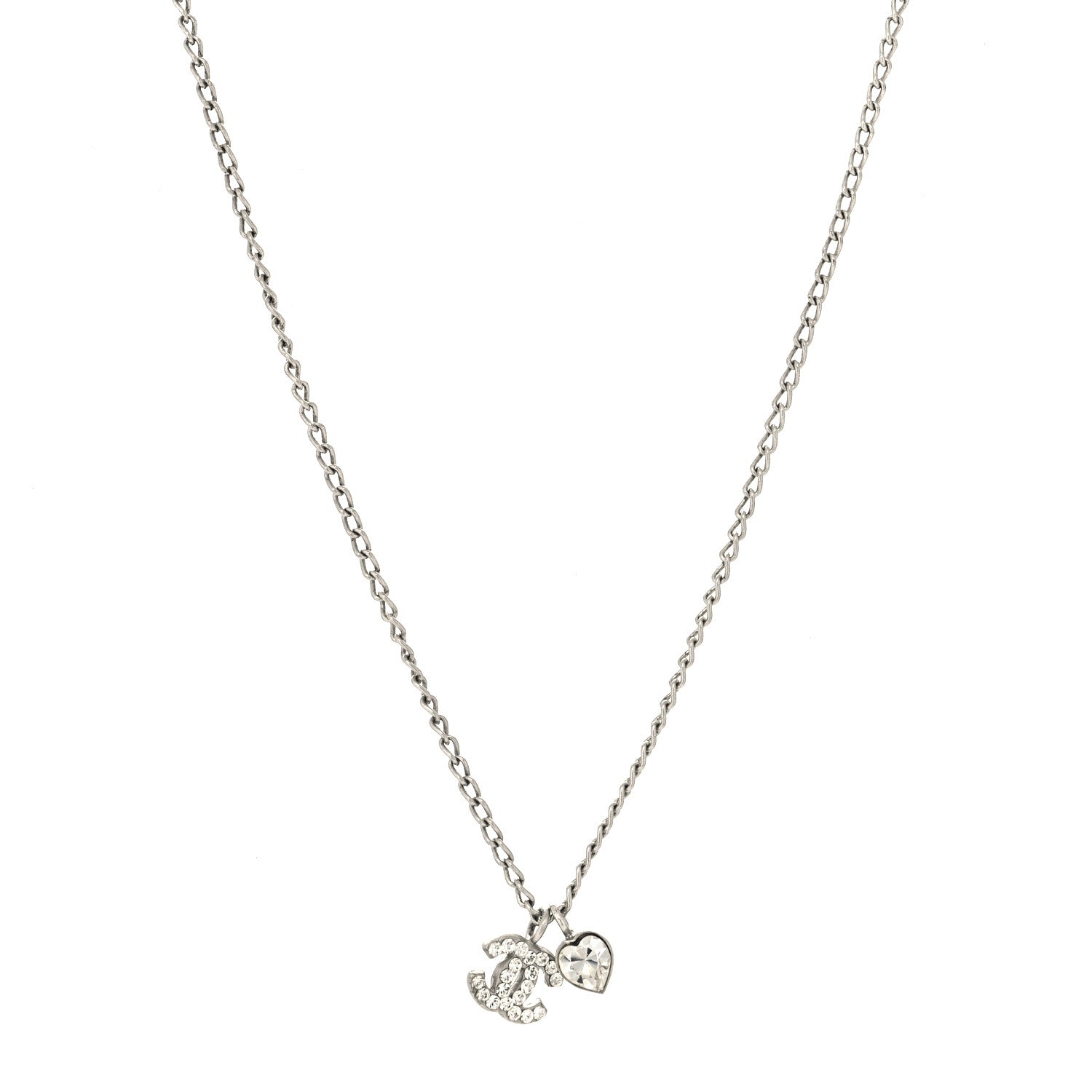 Chanel Crystal Mini Heart CC Necklace Silver 2 of 5
