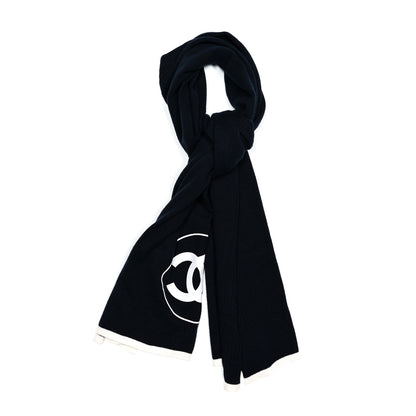 Chanel Cashmere Silk CC Logo Stole Navy White 1 of 3