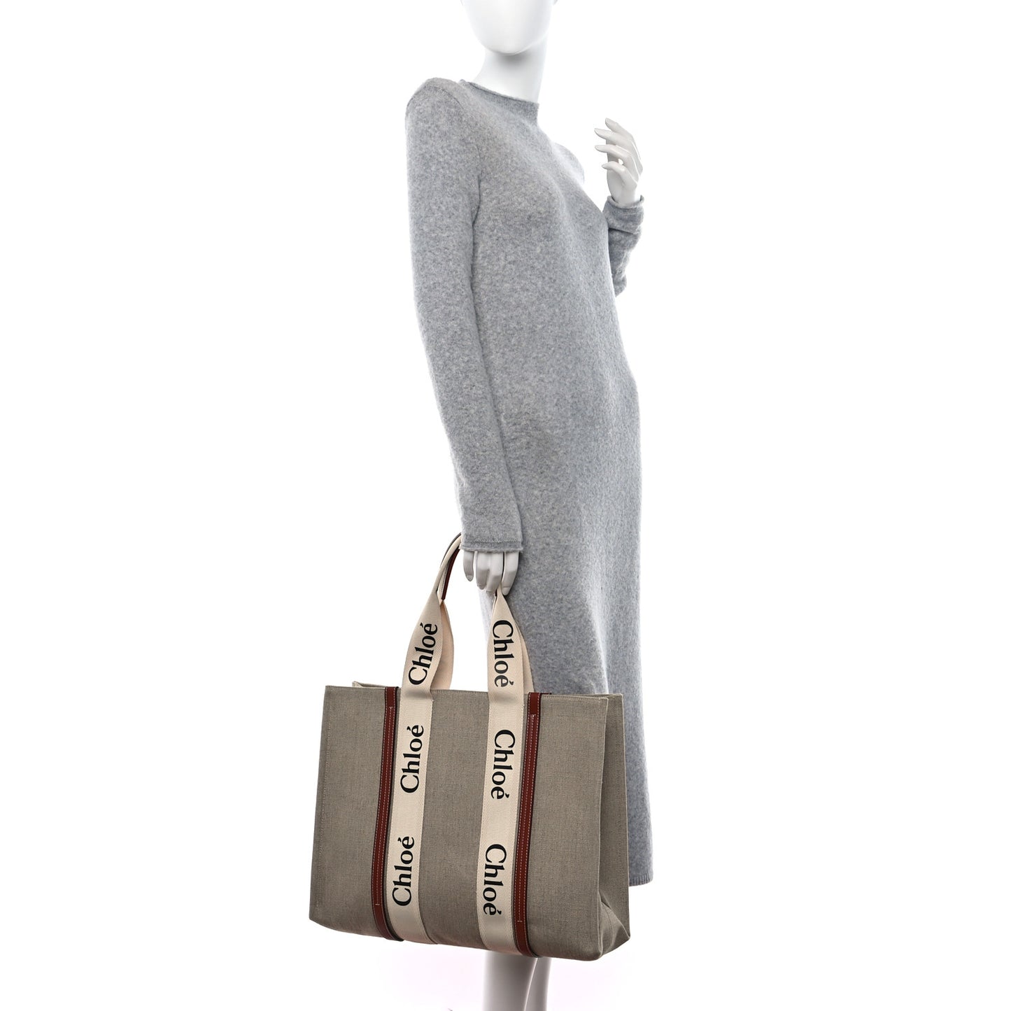 Linen Calfskin Large Woody Ribbon Tote White Brown
