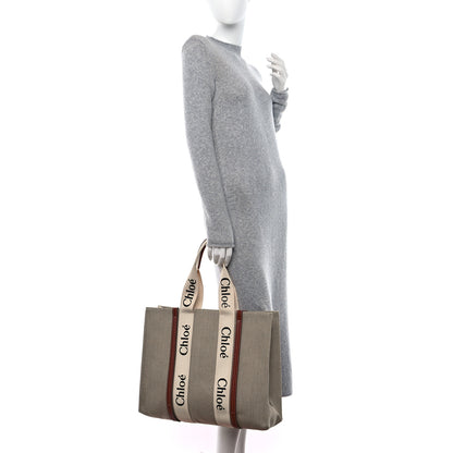 Chloe Linen Calfskin Large Woody Ribbon Tote White Brown 2 of 9