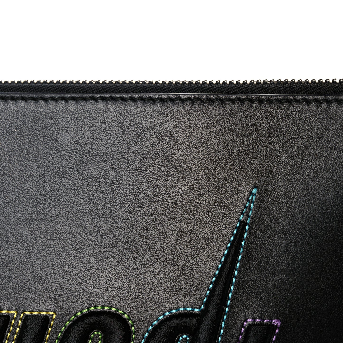 Calfskin Blade Embroidered Zip Pouch Black