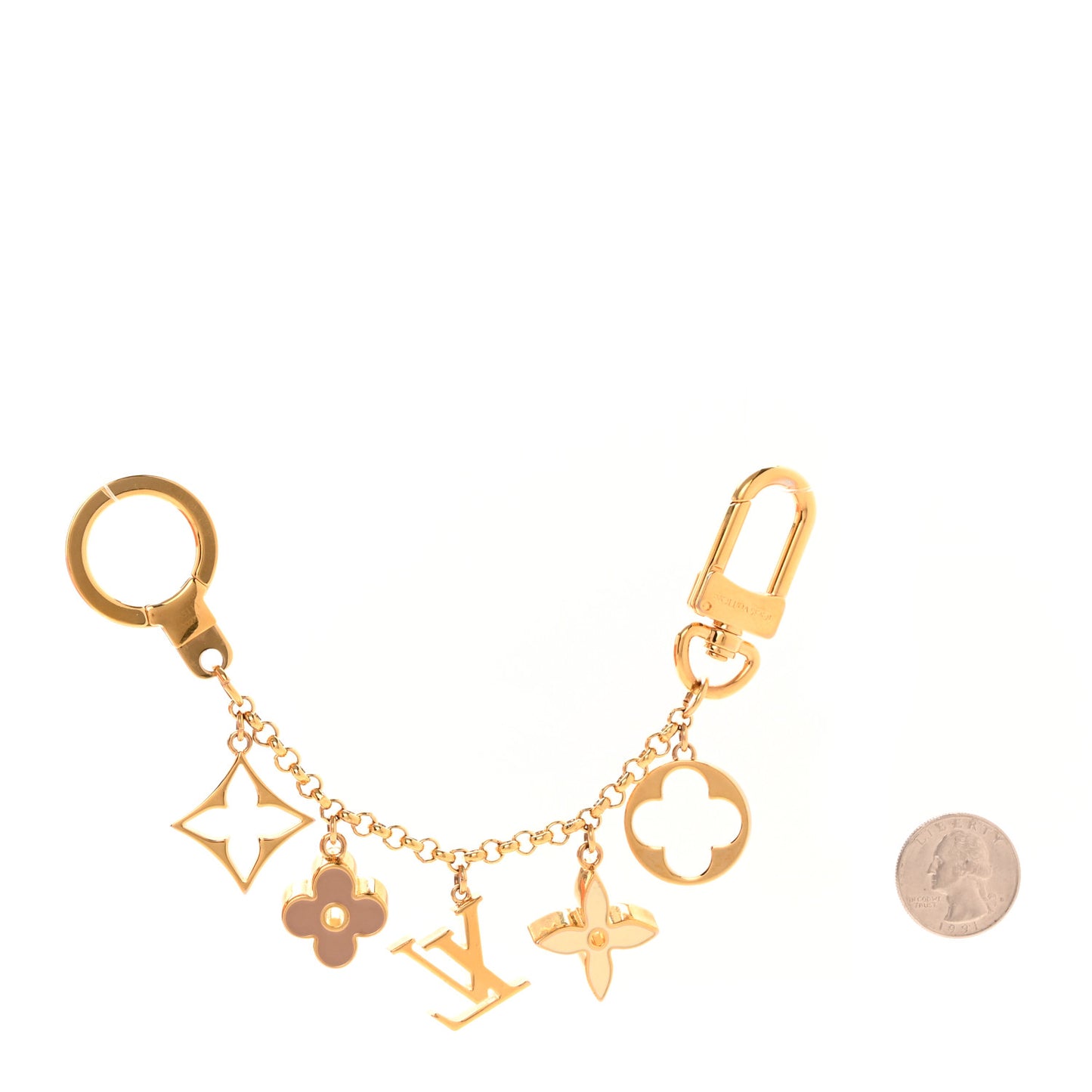 Brass Enamel Fleur De Monogram Bag Charm Chain Gold