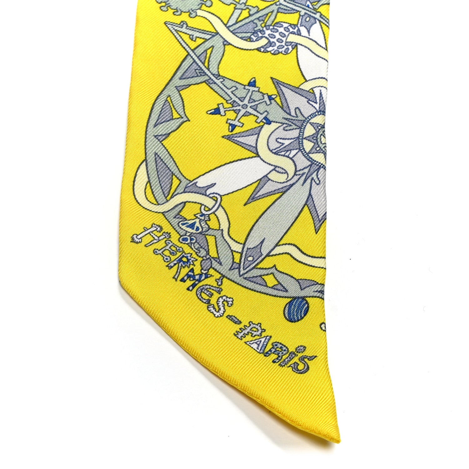 Hermes Silk La Folle Parade Twilly Jaune Vif Bleu Gris 1800685