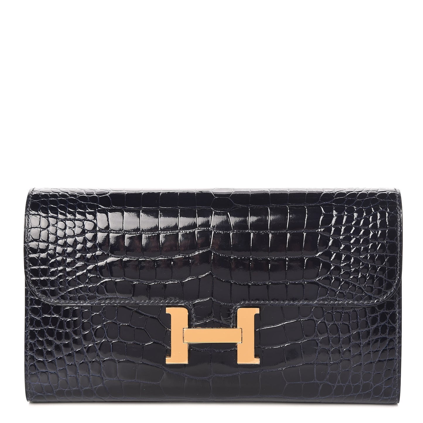 Shiny Alligator Constance Long Wallet Bleu Marine