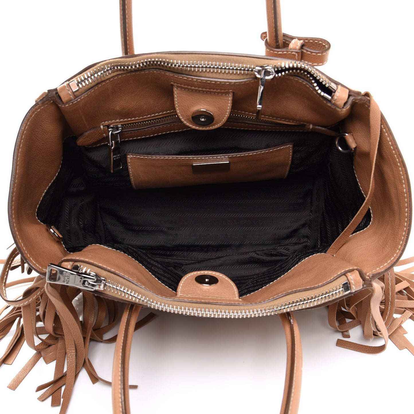 Glace Calf Twin Pocket Fringe Tote Caramel