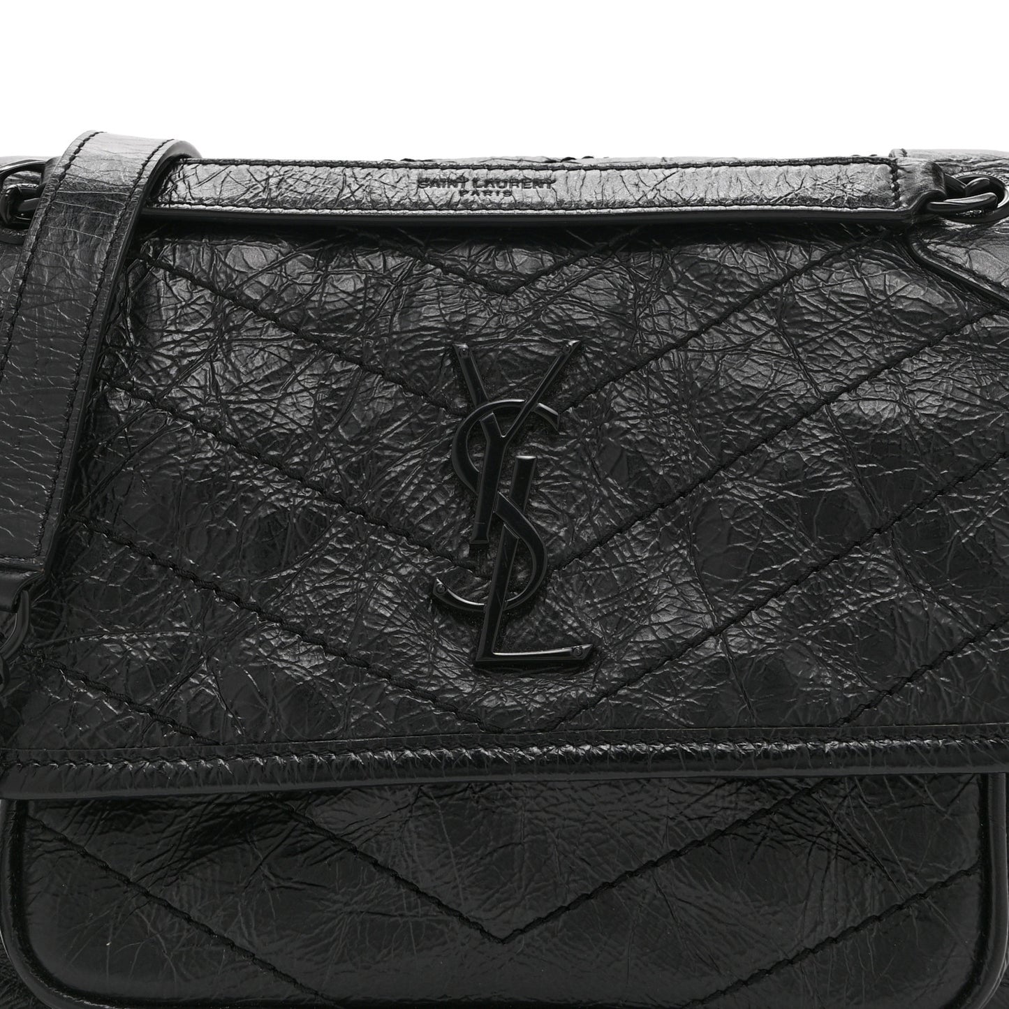 Crinkled Calfskin Matelasse Monogram Baby Niki Chain Satchel Black