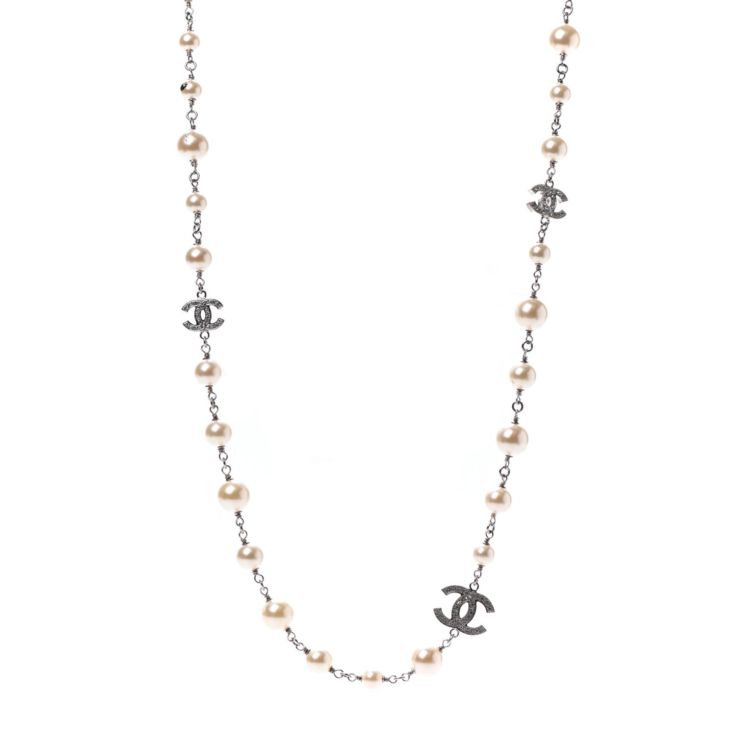 Crystal Pearl CC Long Necklace Silver