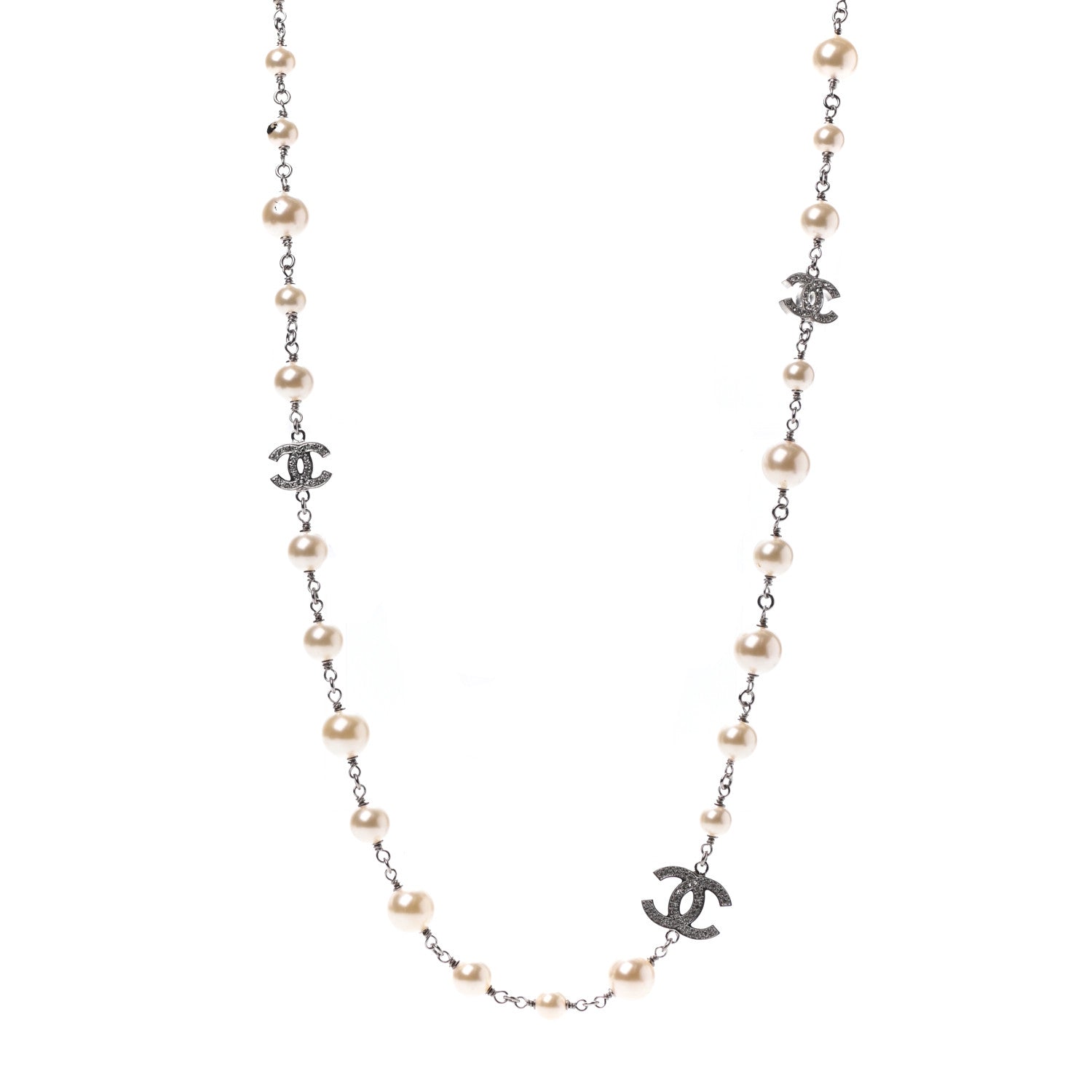 Chanel Crystal Pearl CC Long Necklace Silver 1 of 5