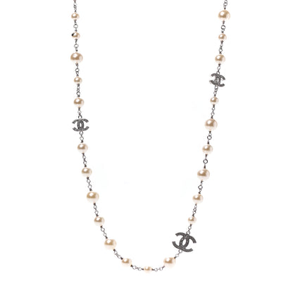 Chanel Crystal Pearl CC Long Necklace Silver 1 of 5