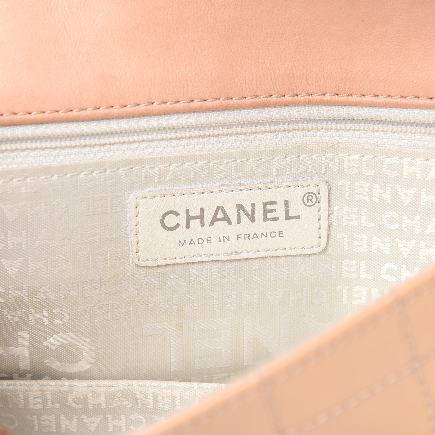Patent Square Stitched CC Flap Clutch Beige