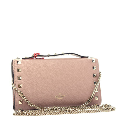 Valentino Garavani Pebbled Calfskin Rockstud Flip Lock Wallet On Chain Poudre 3 of 9