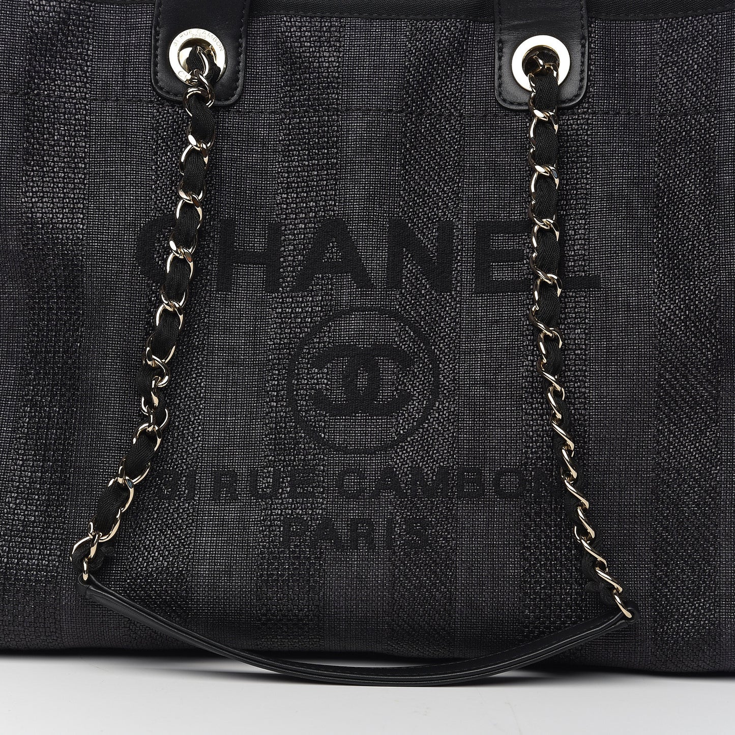 Straw Raffia Calfskin Striped Large Deauville Tote Black