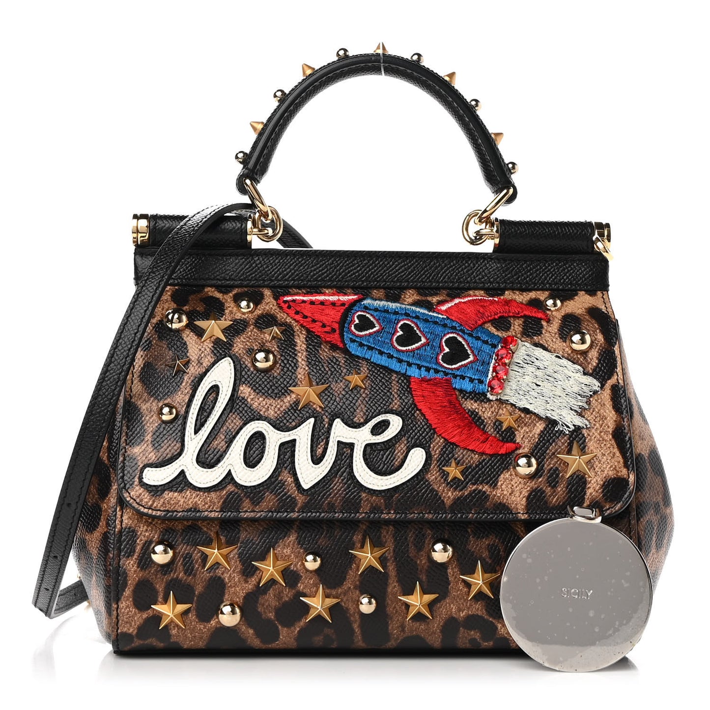 Dauphine Embellished Leopard Love Patch Medium Miss Sicily Satchel Brown Black