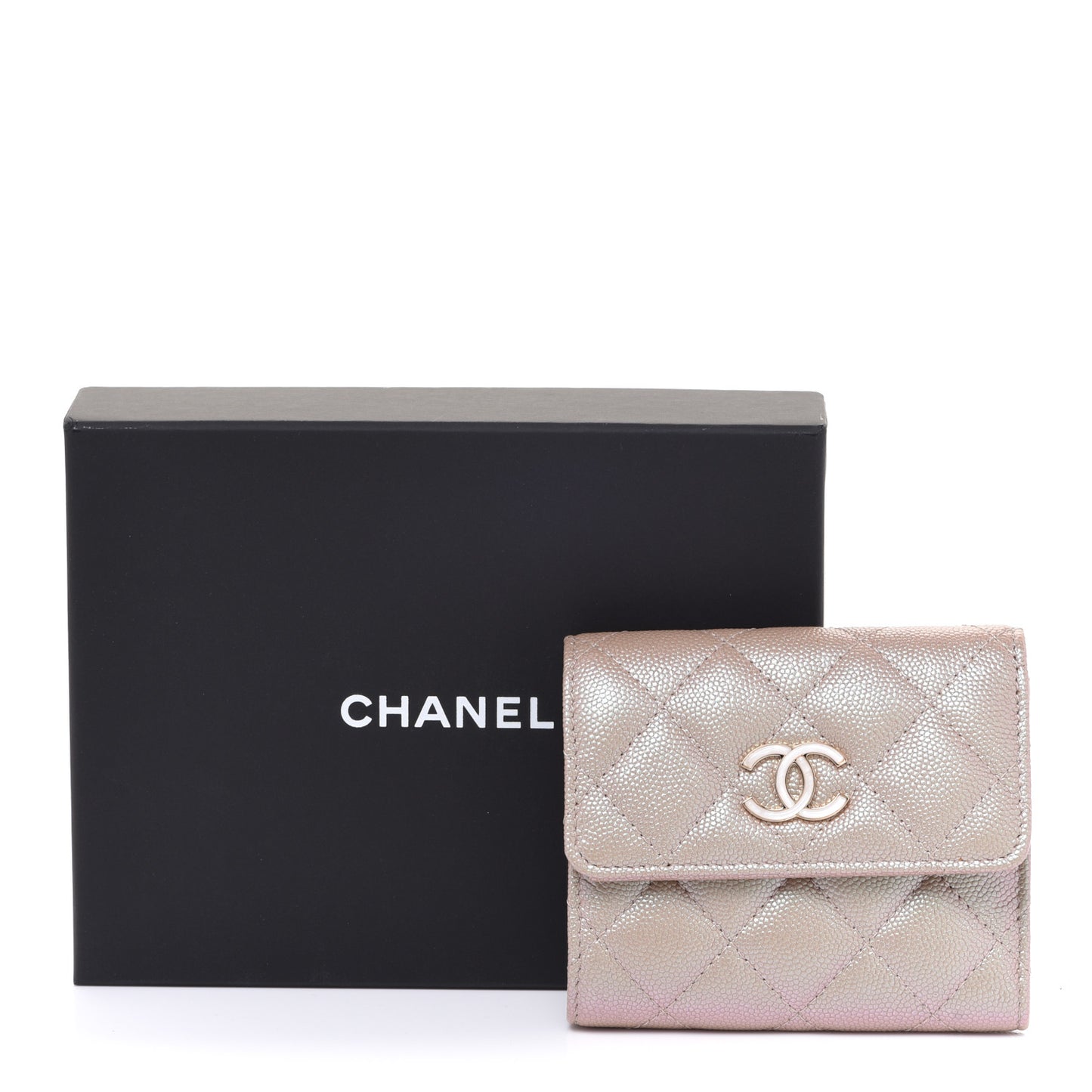 Iridescent Caviar Quilted Small Flap Wallet Beige