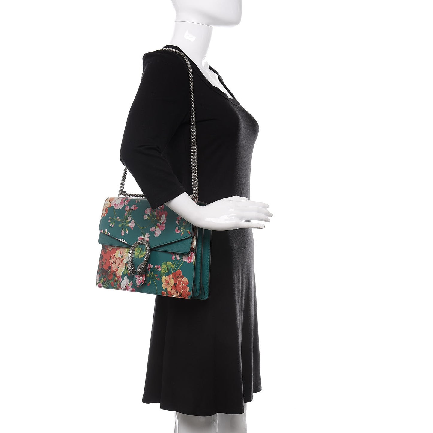 Calfskin Blooms Print Medium Dionysus Shoulder Bag Bright Emerald Multicolor