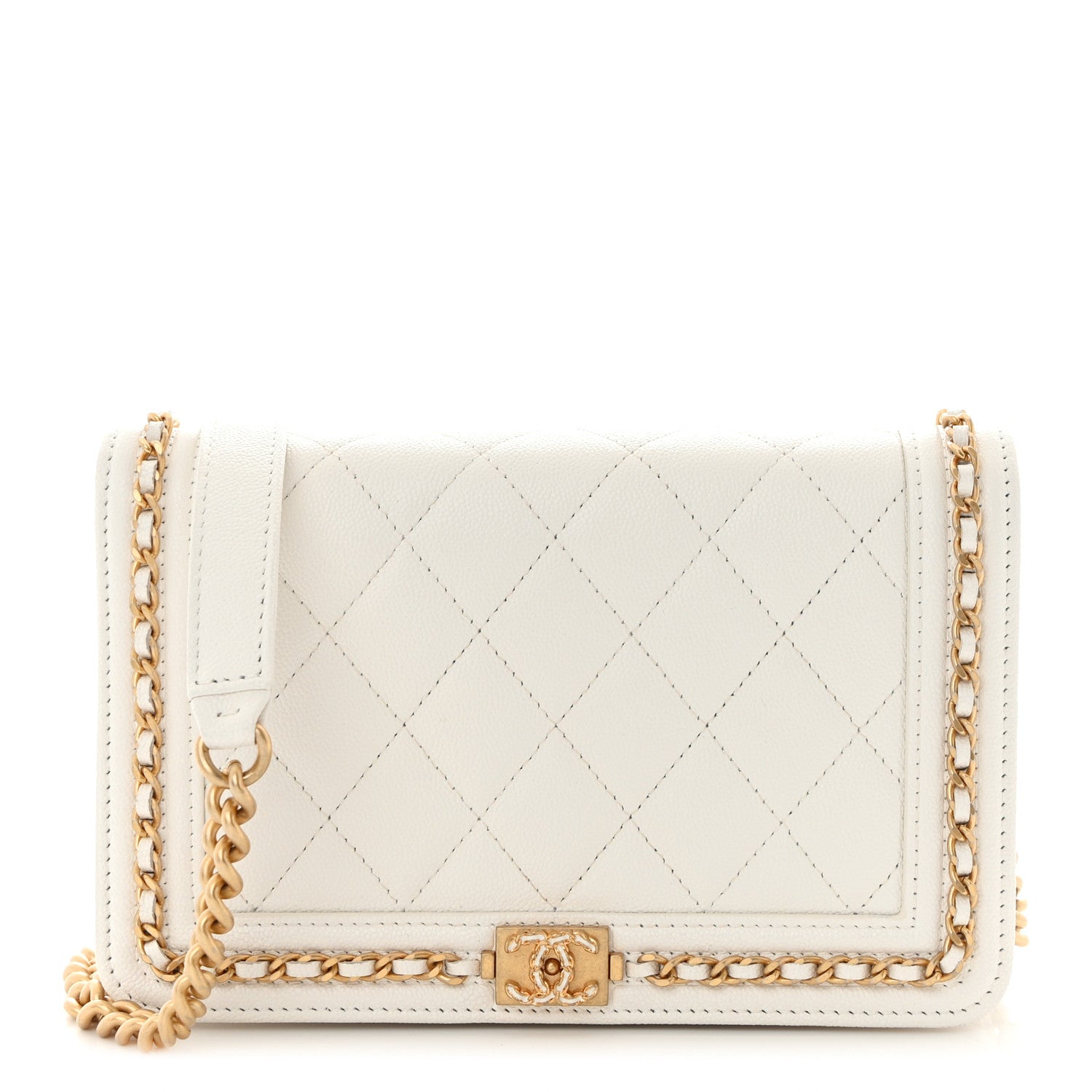 Chanel Caviar Quilted Chain Around Boy Wallet On Chain WOC White 1 of 15