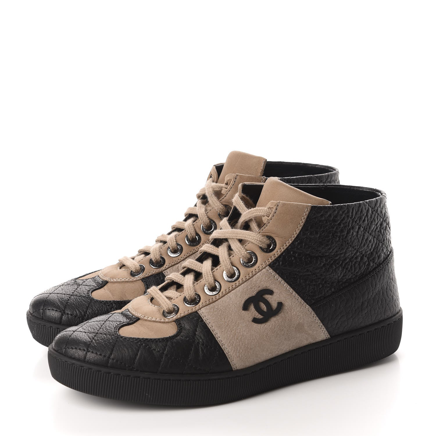 Chanel Washed Lambskin Quilted Lace Up CC Sneakers 39.5 Black Beige 3 of 10