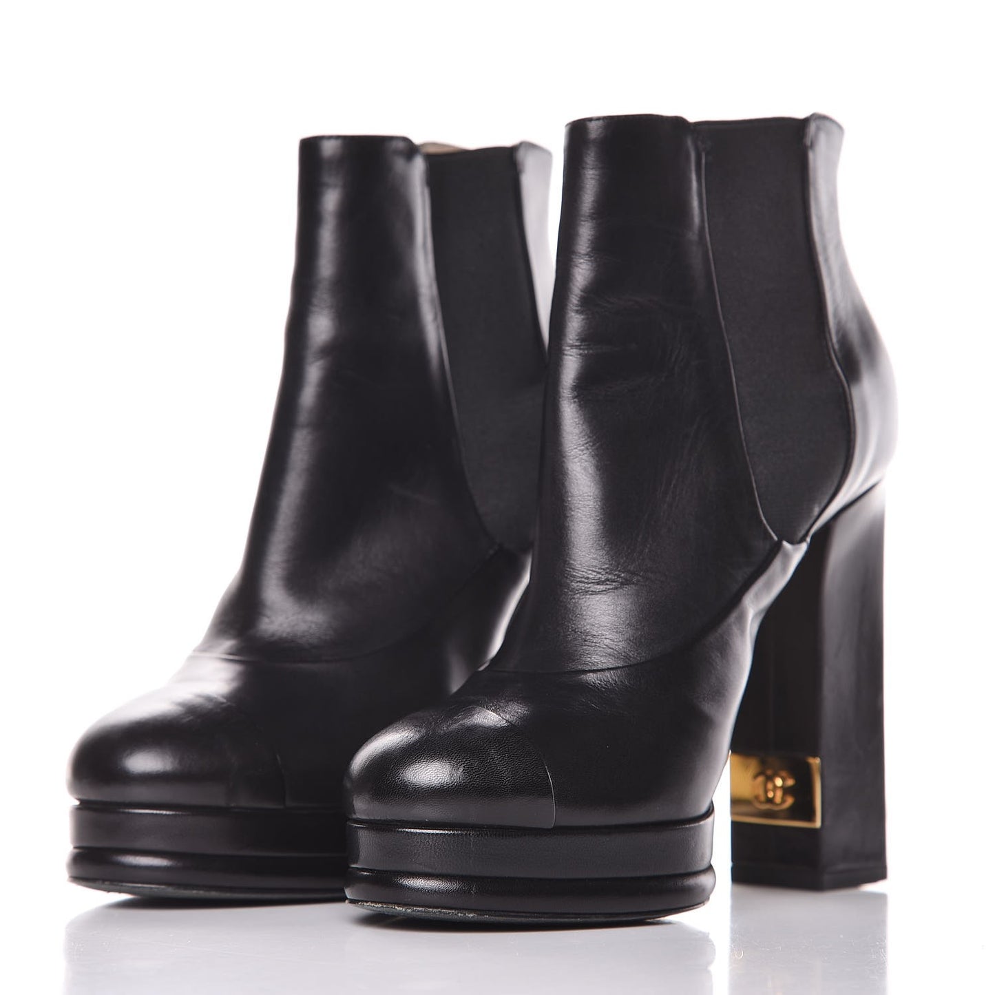 Calfskin Elastic Cap Toe Ankle Boots Booties Heels 37 Black