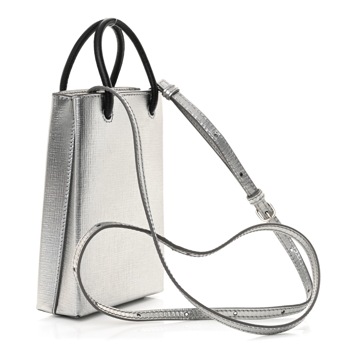 Metallic Textured Calfskin Logo Shopping Phone Holder Bag Silver