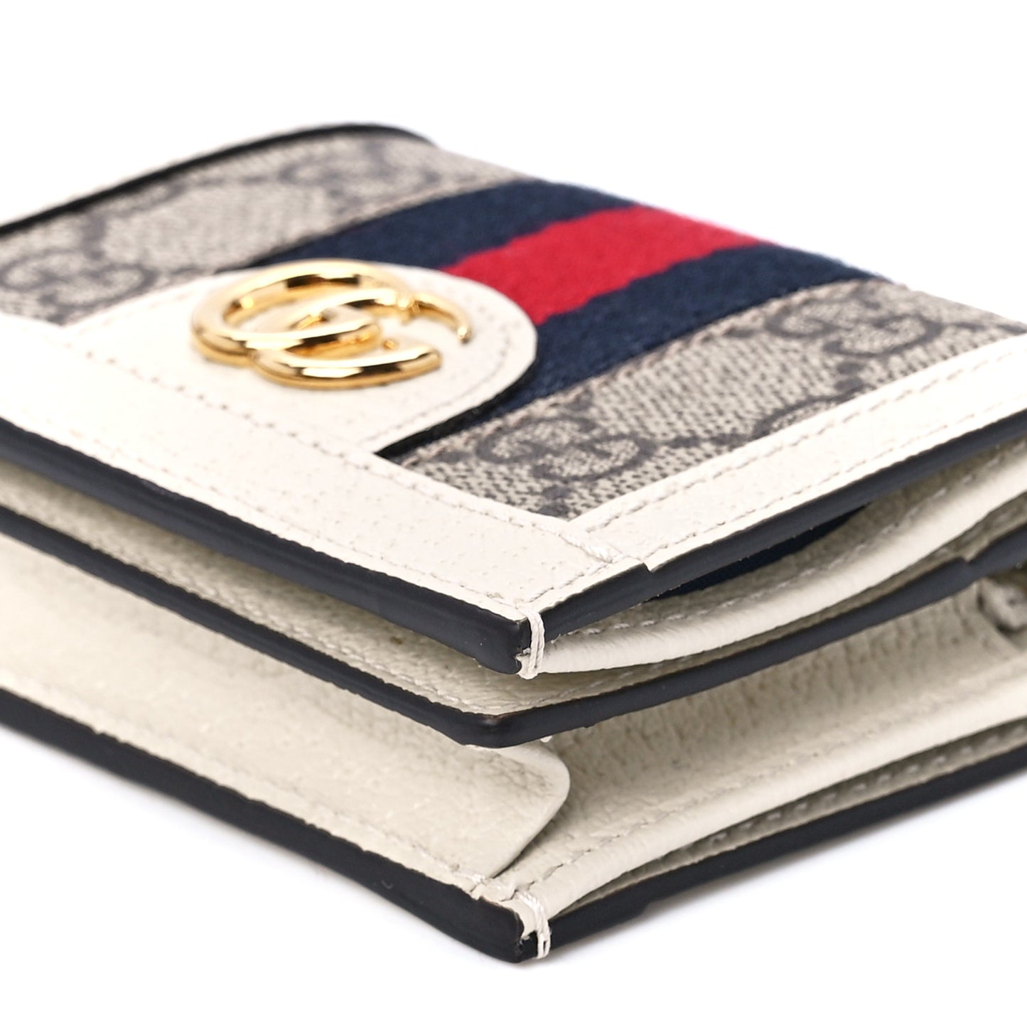 GG Supreme Monogram Textured Dollar Calfskin Web Ophidia Card Case Beige Ebony Mystic White