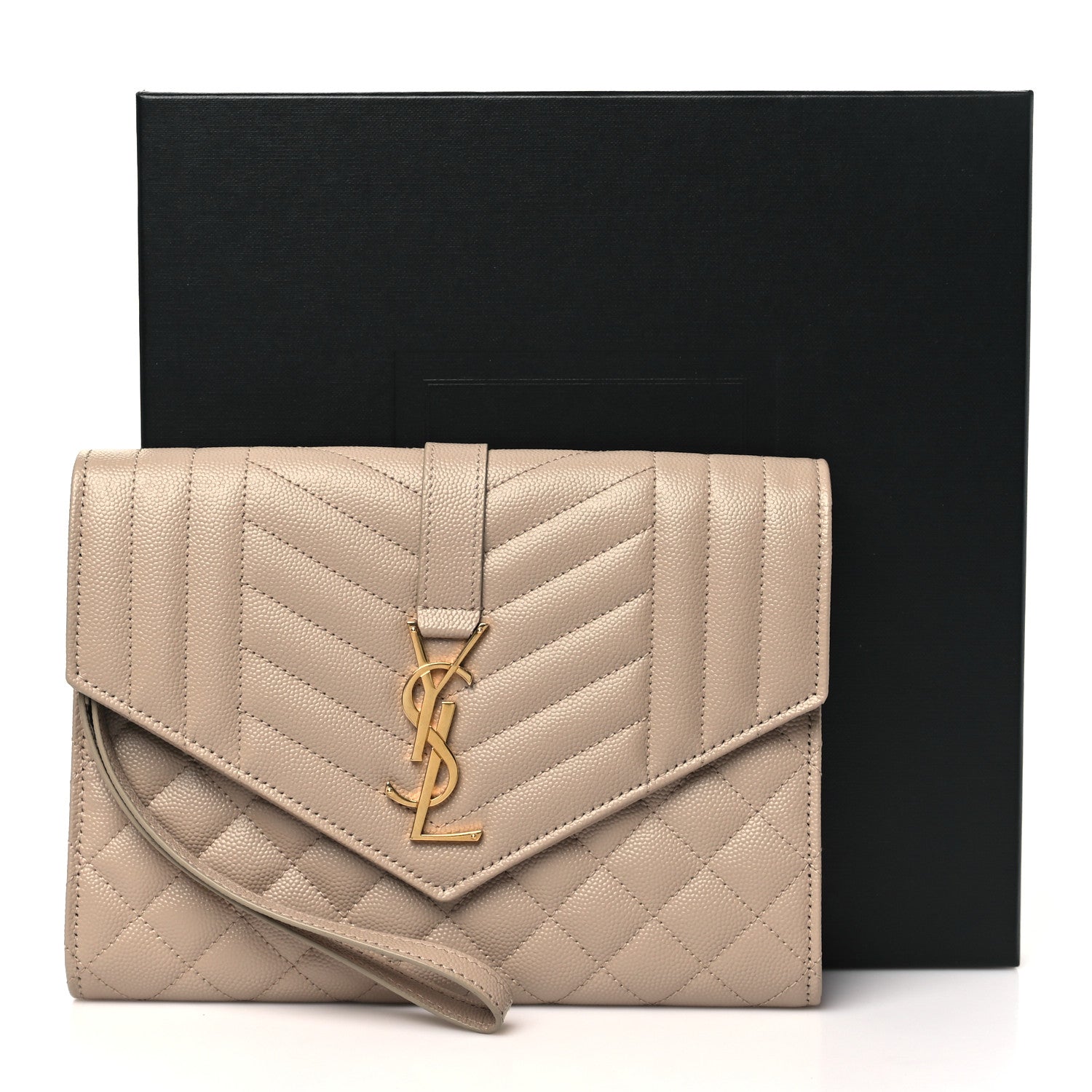Saint Laurent Grain De Poudre Textured Mixed Matelasse Triquilt Monogram Clutch Dark Beige 11 of 11