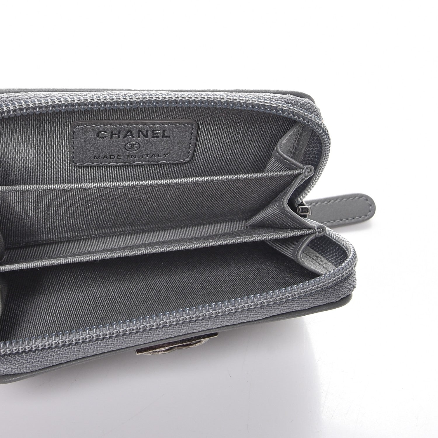 Chanel Calfskin Quilted Boy Zip Around Coin Purse Wallet Grey 5 of 8