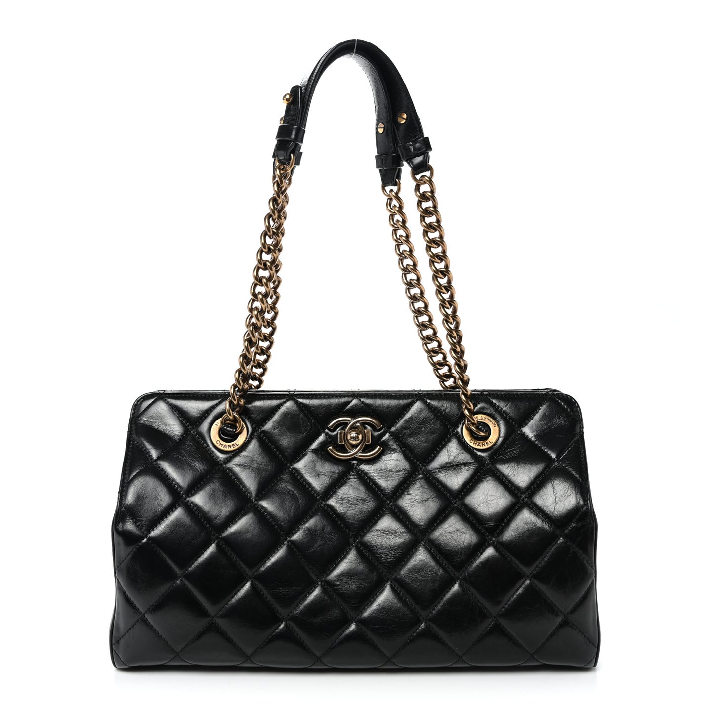 Glazed Calfskin Quilted Perfect Edge Tote Black