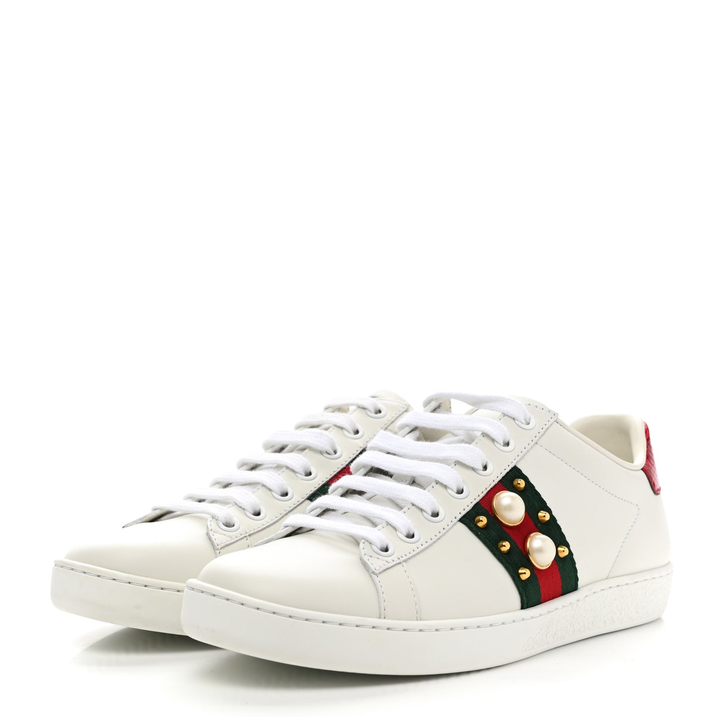 Calfskin Web Pearl Studded Womens Ace Sneakers 36.5 White