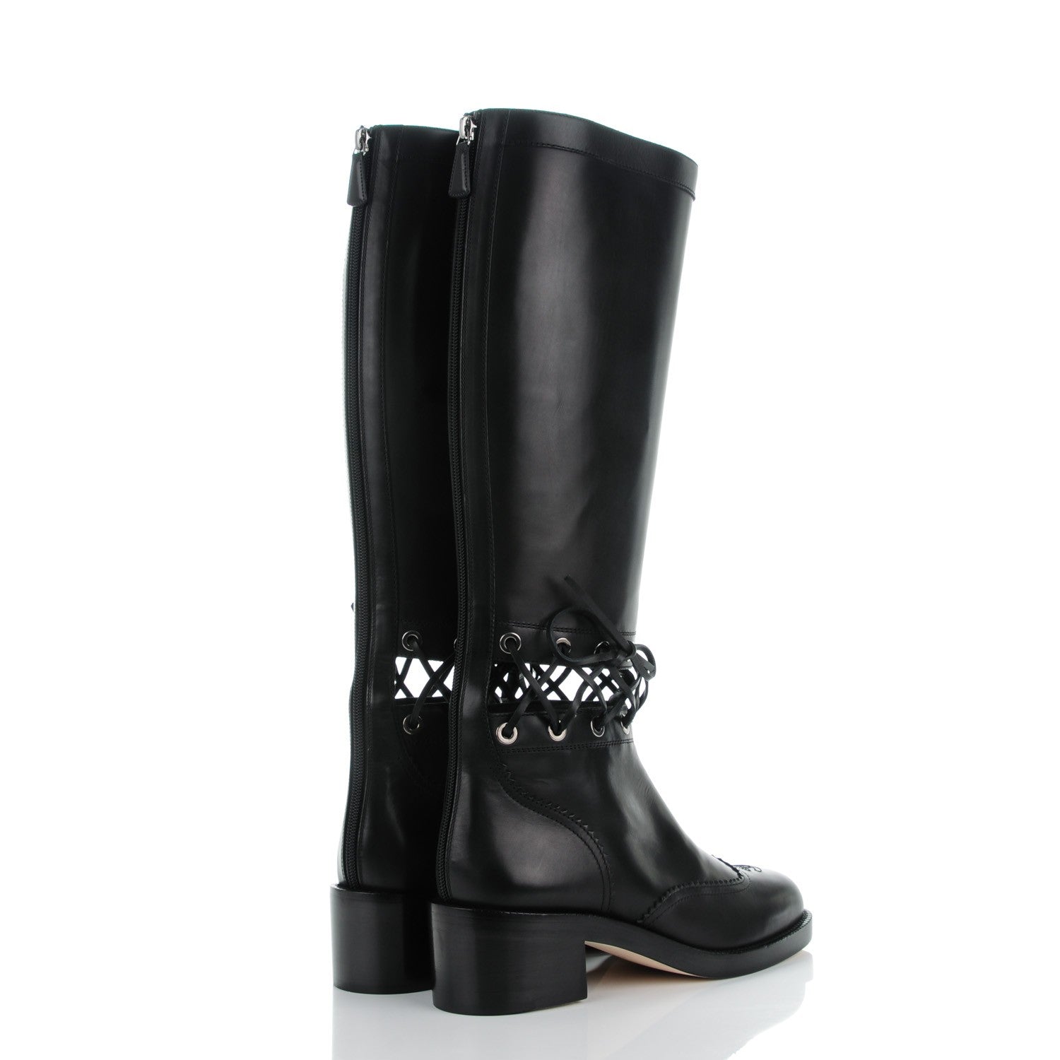 Chanel Calfskin Lace Up Knee High Boots 40.5 Black 4 of 9