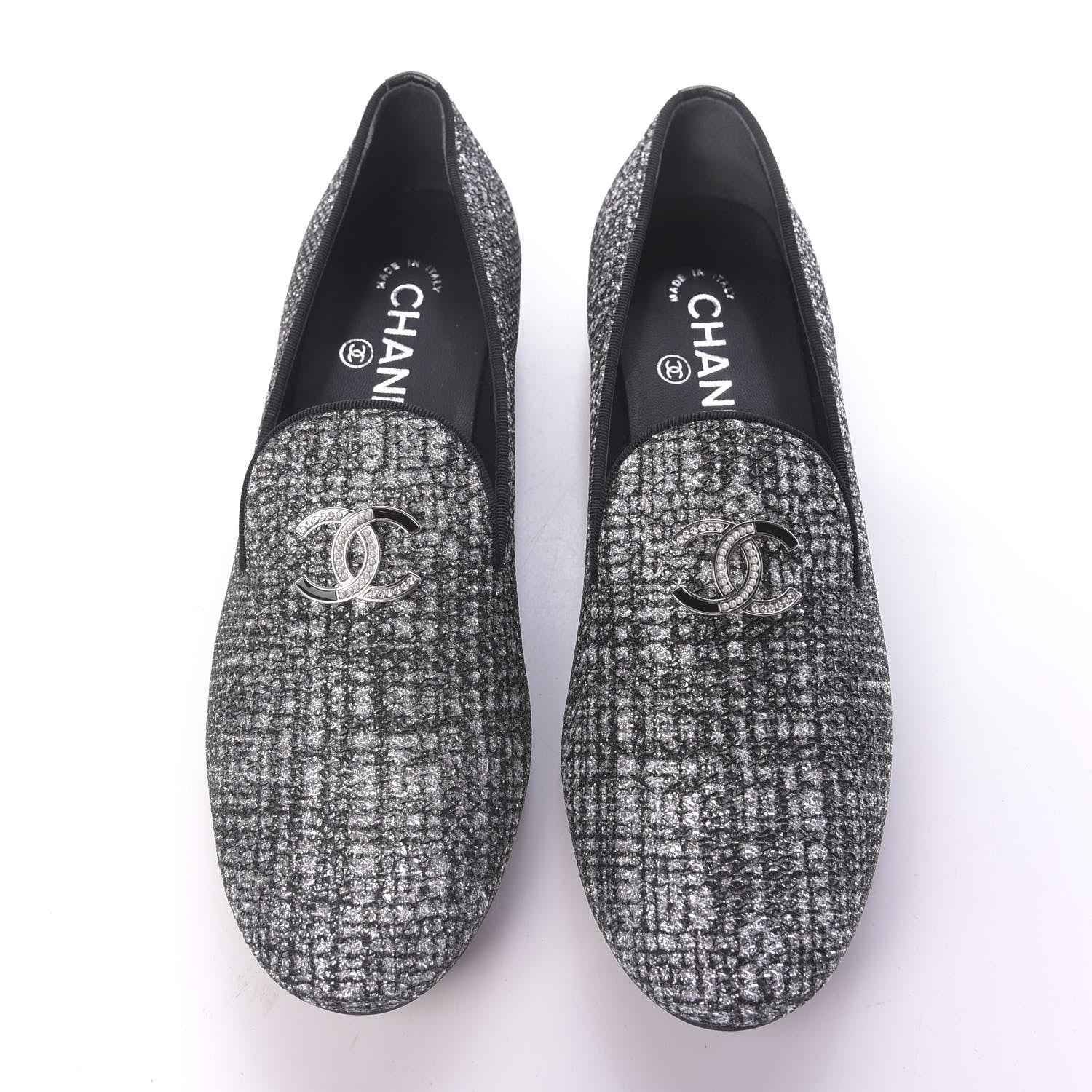 Chanel Fantasy Fabric Grosgrain CC Mocassin Loafers 37 White Black 5 of 11