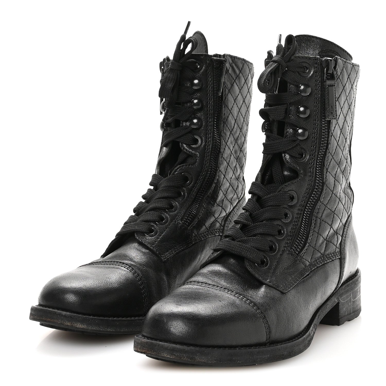 Chanel Sheepskin Quilted CC Tall Lace Up Combat Boots 38.5 Black 4 of 8