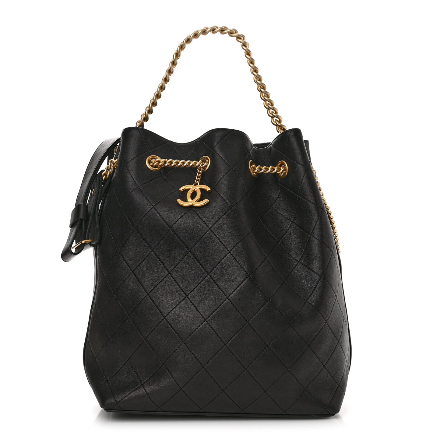 Calfskin Quilted Small On My Shoulder Drawstring Bag Black