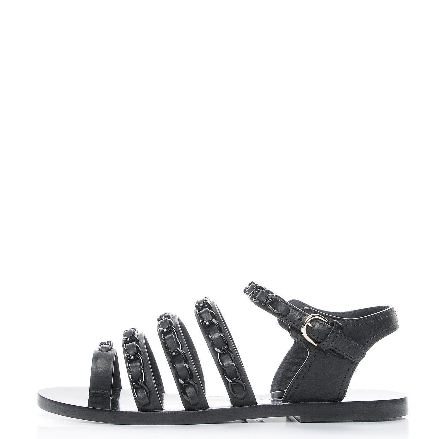 Chanel Calfskin Chain Flat Sandals 37.5 Black 1 of 8