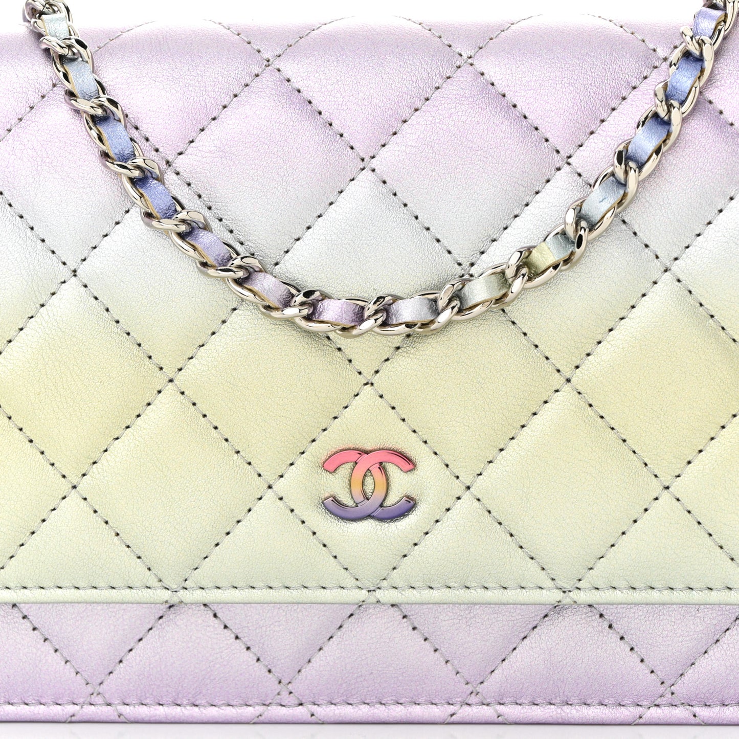 Gradient Metallic Calfskin Quilted Wallet On Chain WOC Silver Blue Yellow Purple