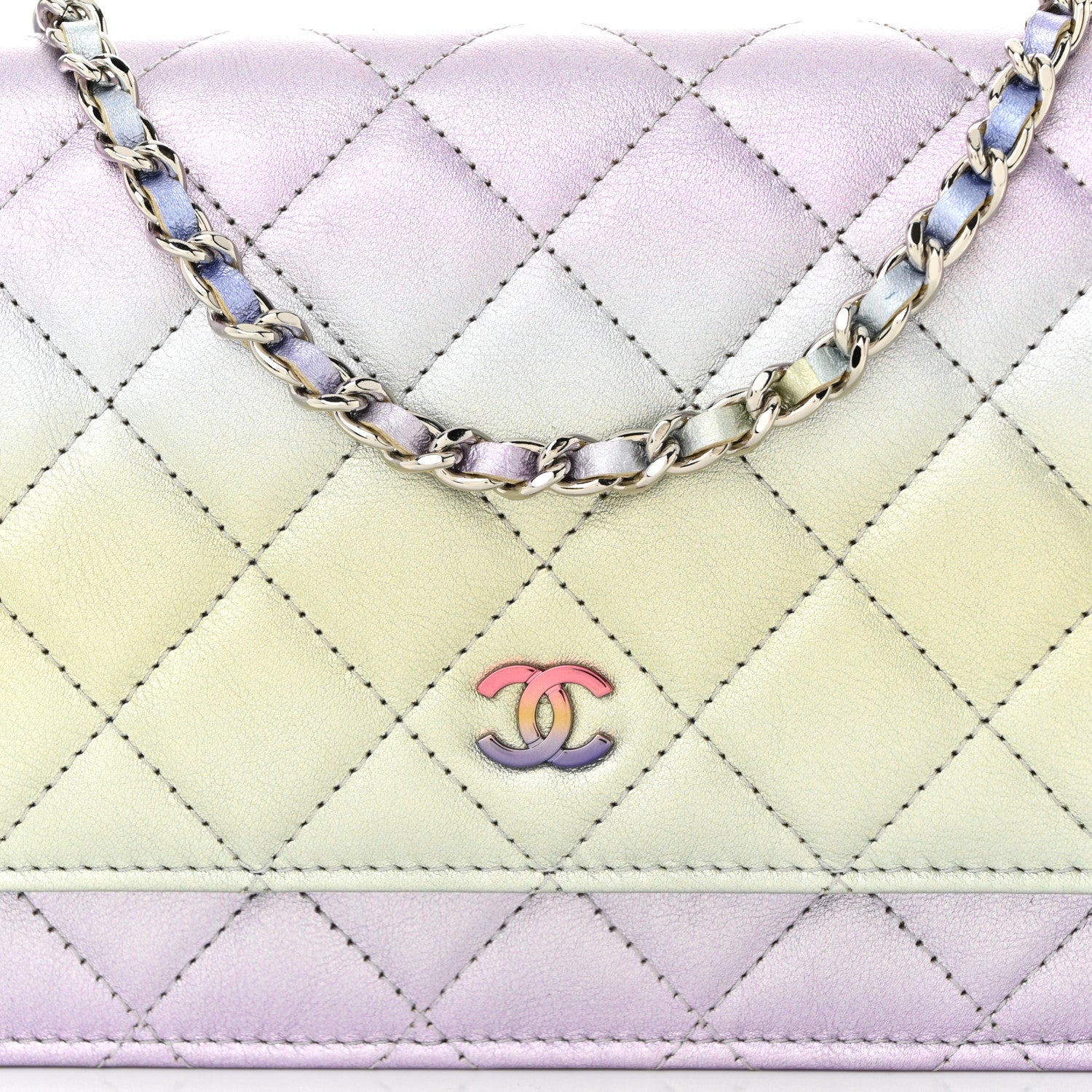 Chanel Gradient Metallic Calfskin Quilted Wallet On Chain WOC Silver Blue Yellow Purple 9 of 12