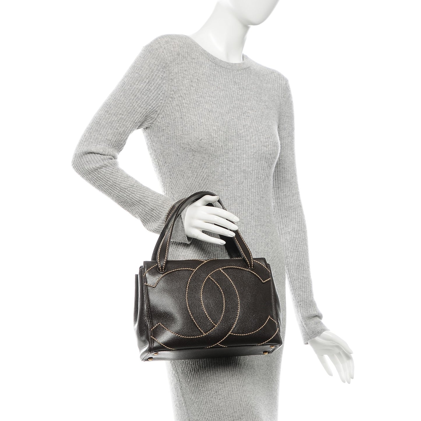 Caviar CC Stitched Small Tote Brown